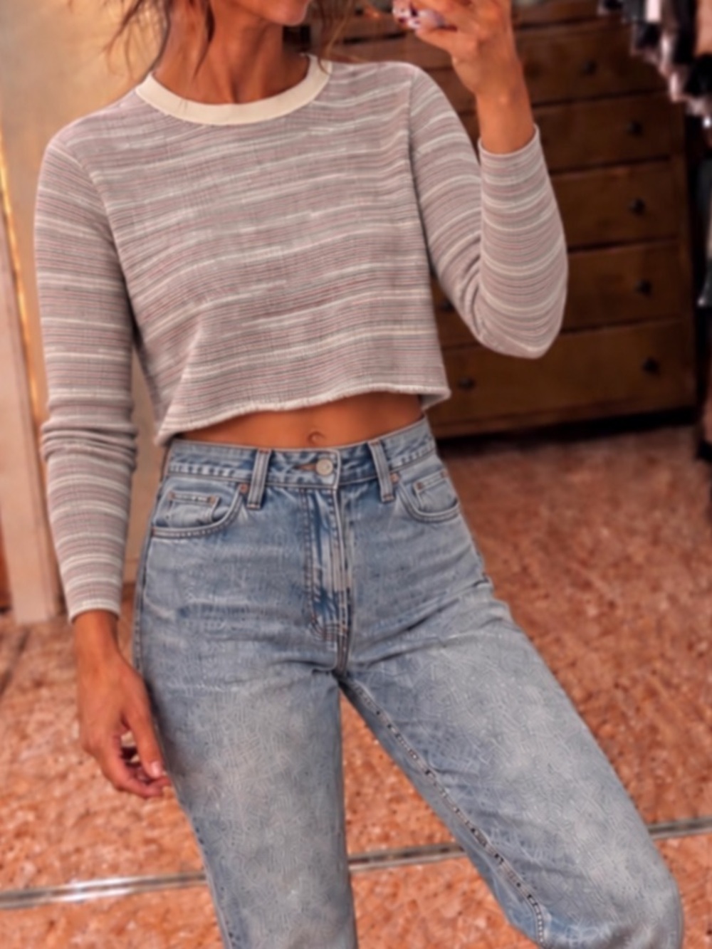 Topshop Cropped Striped Long-Sleeve Top - Light Gray